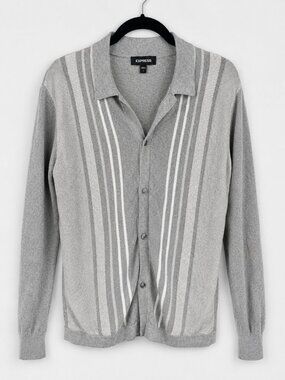 Express Men’s Small Gray Striped Knit Sweater Polo Cardigan